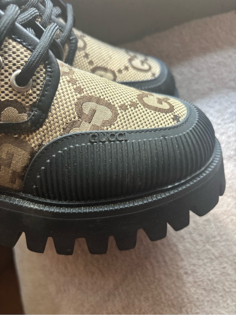 Gucci Brown GG Canvas and Black Rubber Lug Sole Boots - Picture 5 of 6